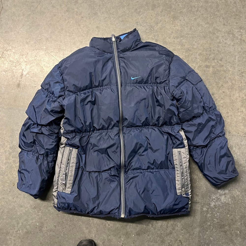 Nike Vintage Puffer Jacket Navy Blue Grey Swoosh Full Zip Quilted Coat Mens M